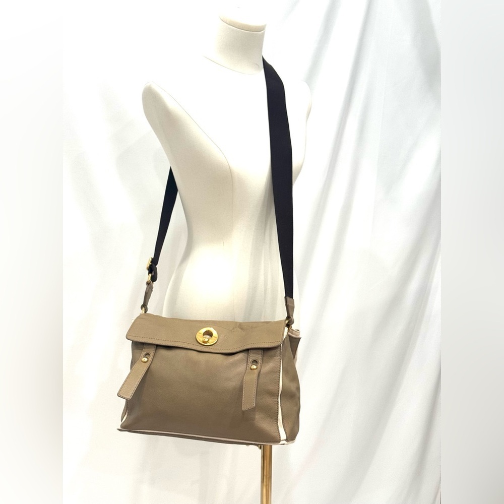 YSL Yves Saint Laurent Taupe Leather Canvas Shoulder Bag Gold Clasp